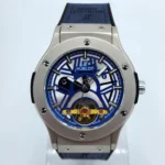 Hublot Style Blue Skeleton Dial Quartz Watch - Steel Case & Blue/Black Strap