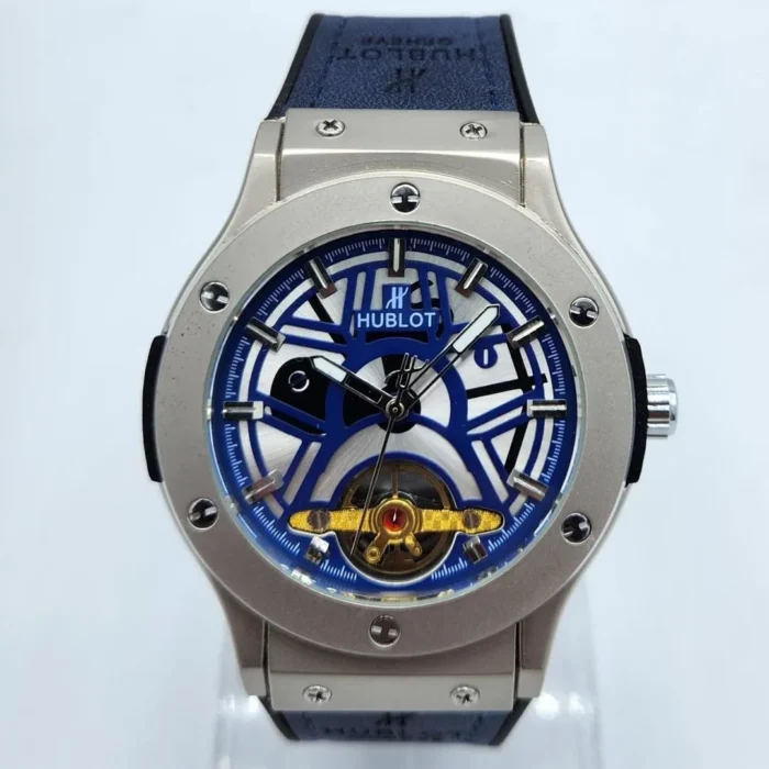 Hublot Style Blue Skeleton Dial Quartz Watch - Steel Case & Blue/Black Strap