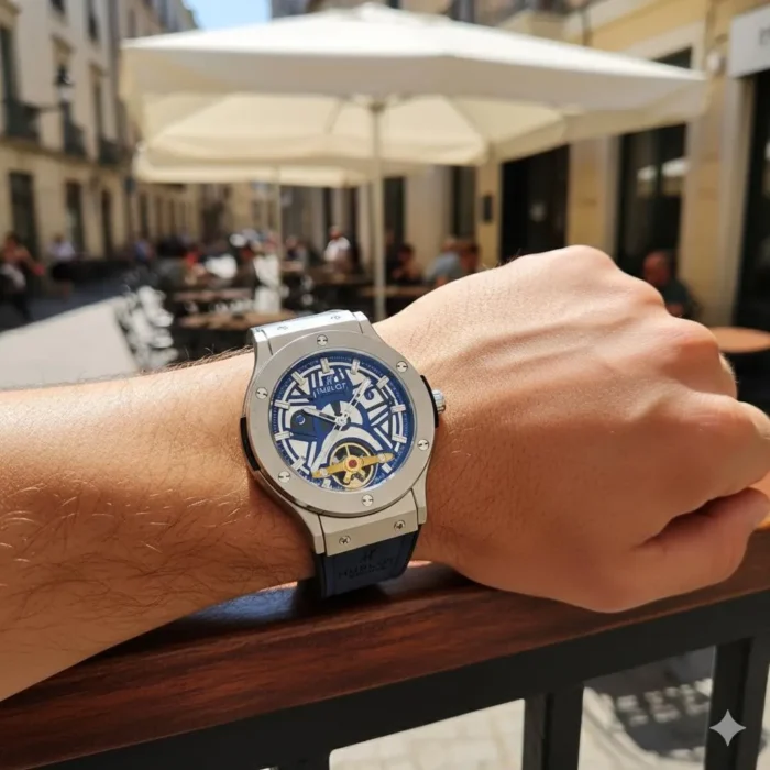 Hublot Style Blue Skeleton Dial Quartz Watch - Image 2