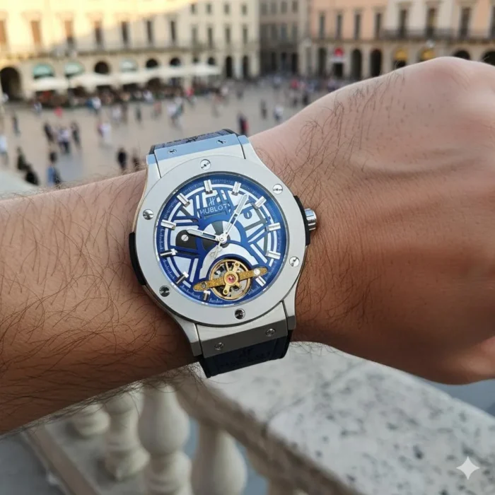 Hublot Style Blue Skeleton Dial Quartz Watch - Steel Case & Blue/Black Strap