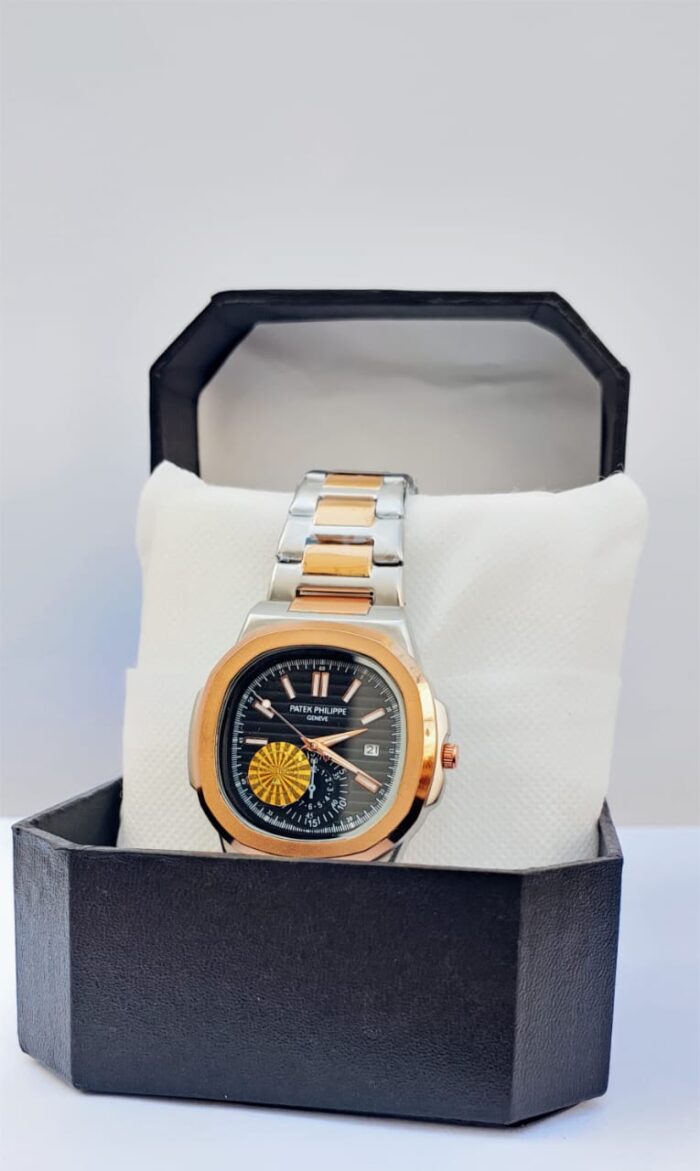 Patek Philippe watch, Patek Philippe Genève, dual tone men watch, silver rose gold watch, stainless steel watch, chain strap watch, luxury men watch, quartz men watch, date display watch, water resistant watch, premium men watch, stylish men watch, formal men watch, designer men wrist watch, everyday men watch